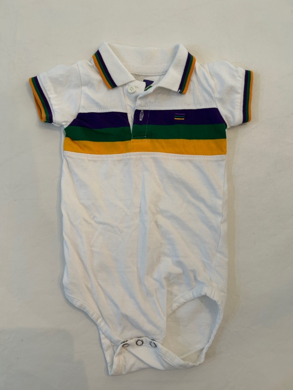 Mardi Gras White Baby Polo Romper with Purple, Green & Gold Stripes